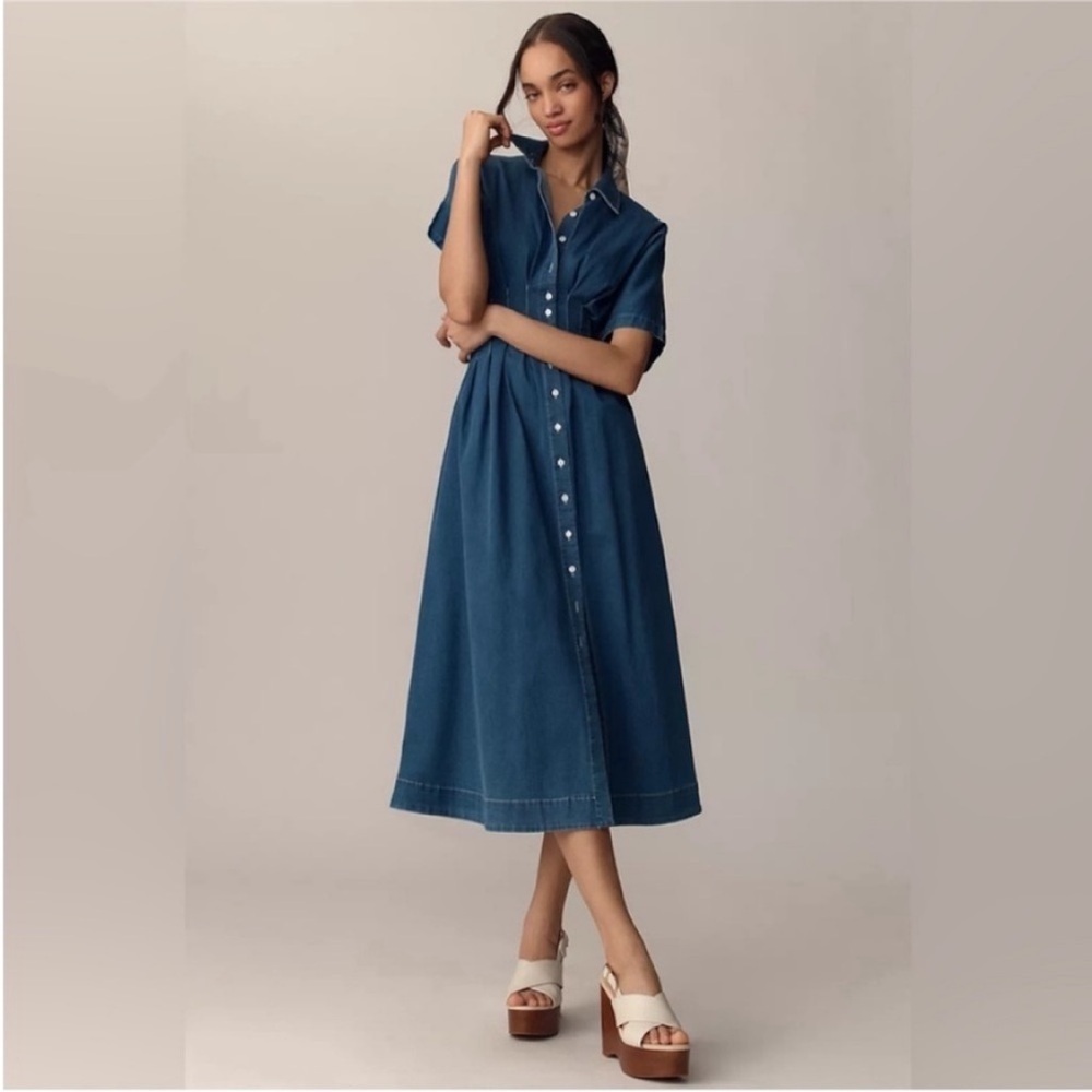 Anthropologie x Exquisite Tobie Button-Front Pleated Denim Shirt Dress SP NWT